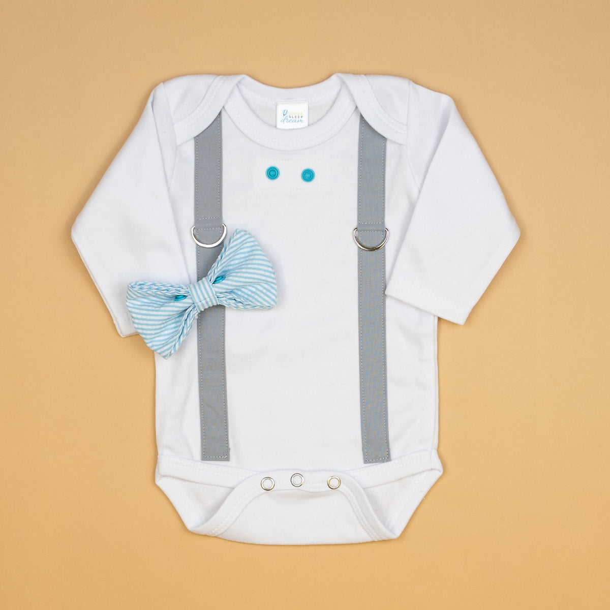 Cuddle Sleep Dream Oh Snap Light Gray Suspenders | Lt Blue Seersucker Bowtie