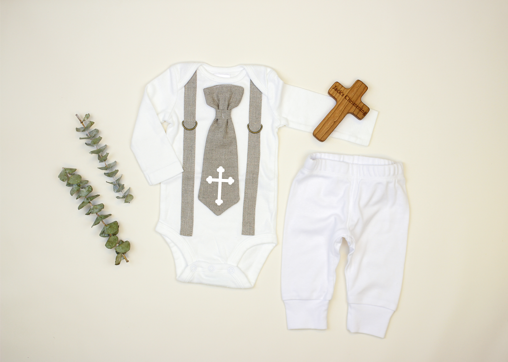 Cuddle Sleep Dream Linen Suspenders / Linen Baptism Tie Onesie