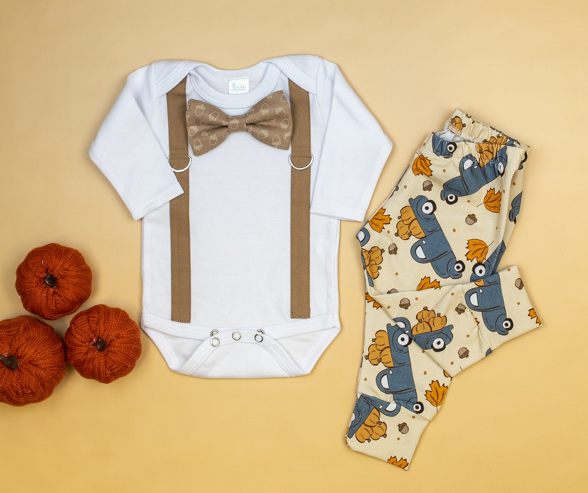Cuddle Sleep Dream Oh Snap Mocha Suspender | Neutral Acorns Bow Tie
