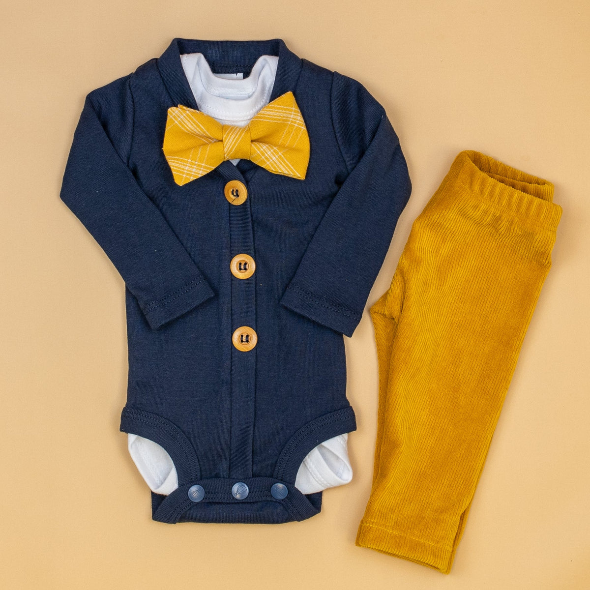 Cuddle Sleep Dream Bowtie Bodysuit Mustard w/ White Sketch Bowtie Bodysuit