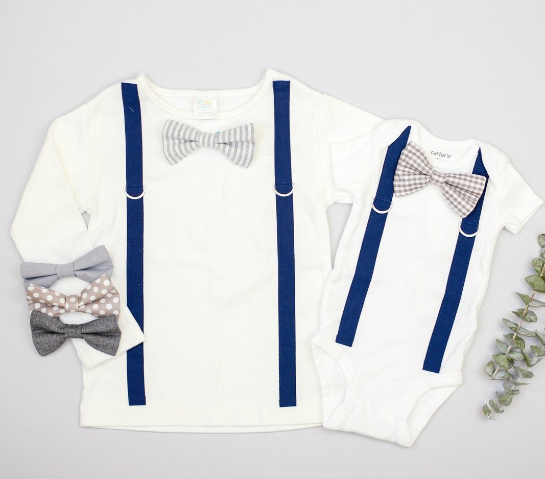 Cuddle Sleep Dream Oh Snap Navy Suspender | Gray Vertical Stripe Bowtie