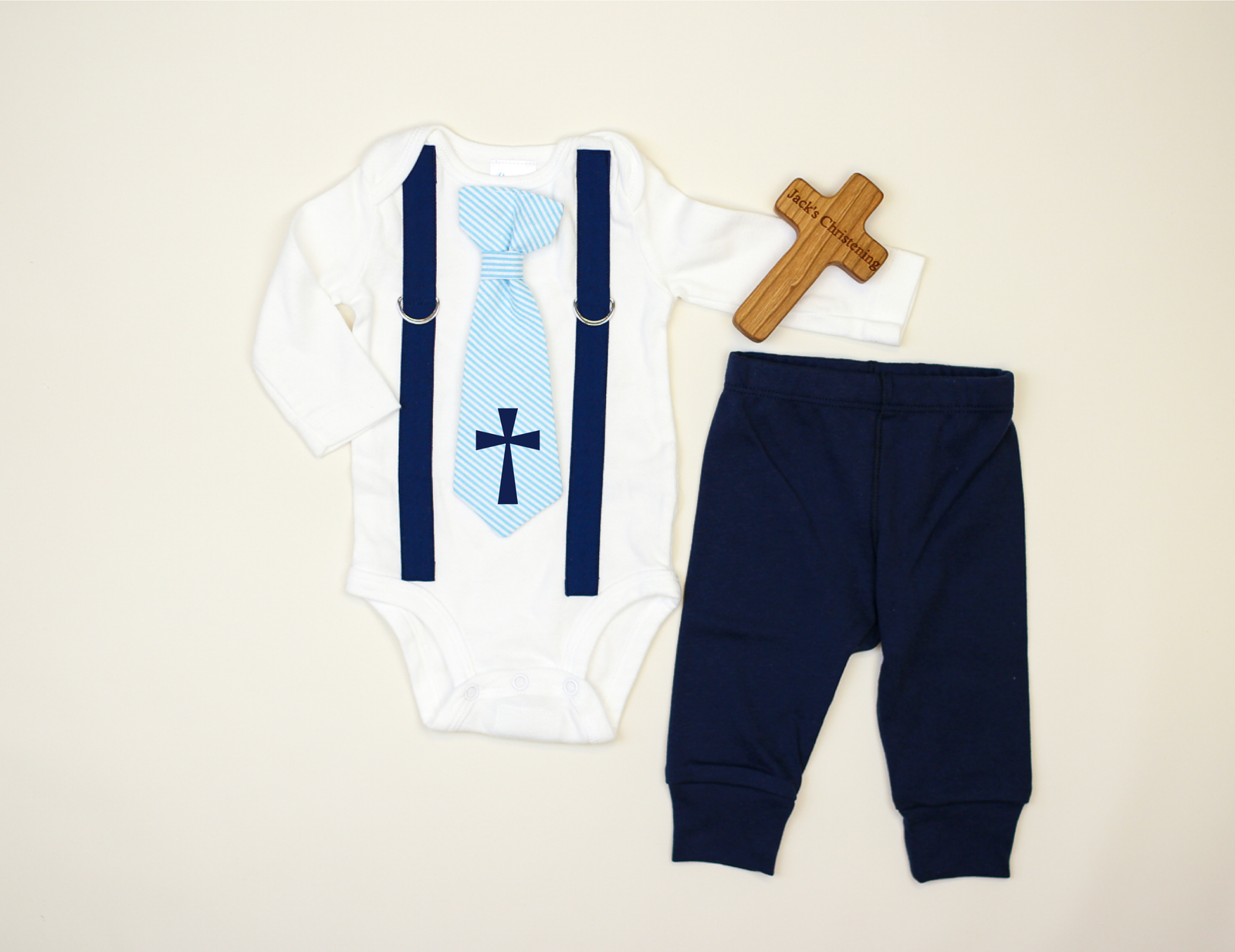 Cuddle Sleep Dream Navy Suspenders / Blue Baptism Tie Onesie