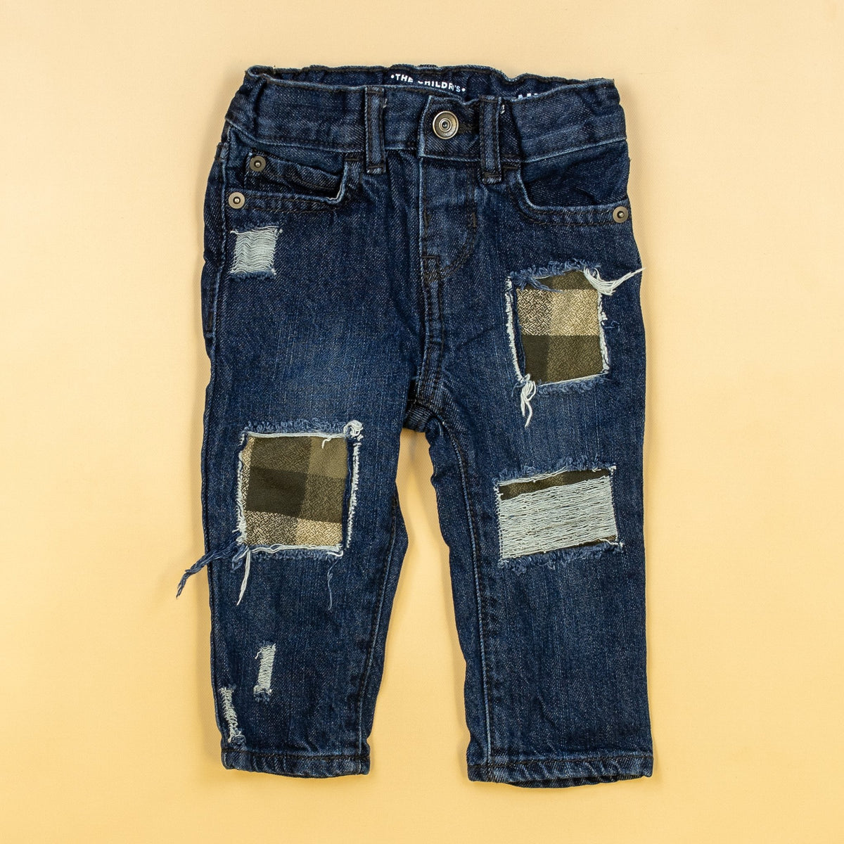 Cuddle Sleep Dream Olive &amp; Brown Plaid Destroyed Denim