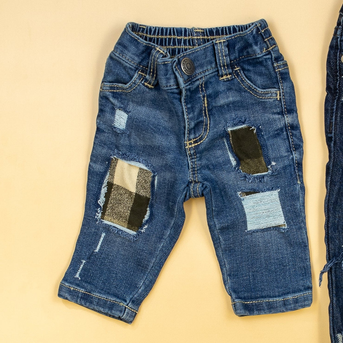 Cuddle Sleep Dream Olive &amp; Brown Plaid Destroyed Denim