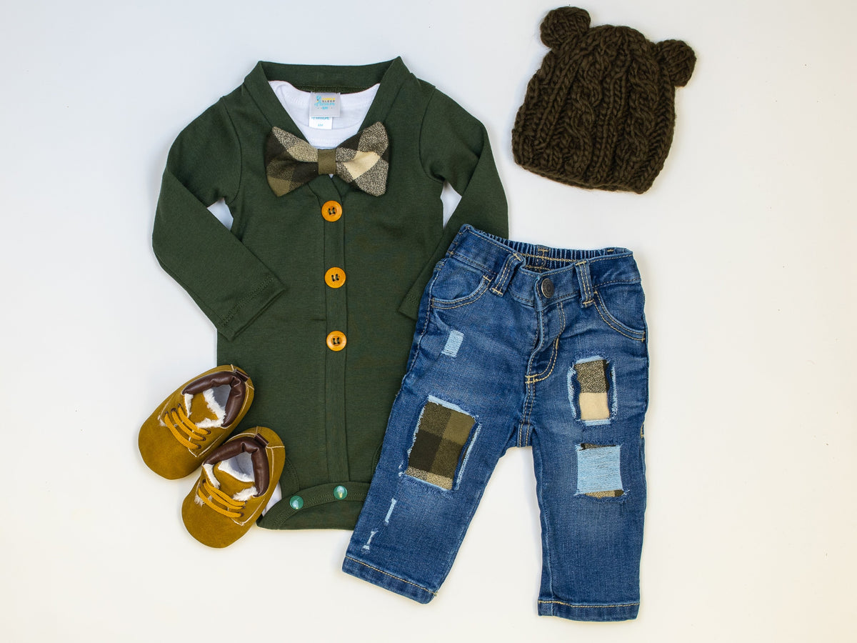 Cuddle Sleep Dream Olive &amp; Brown Plaid Destroyed Denim