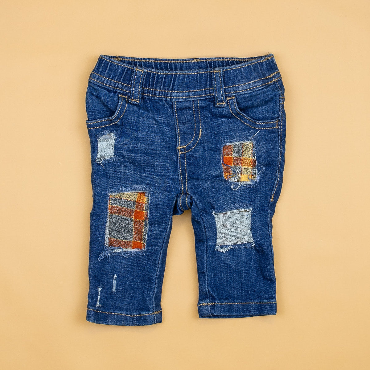 Cuddle Sleep Dream Orange &amp; Cream Plaid Destroyed Denim