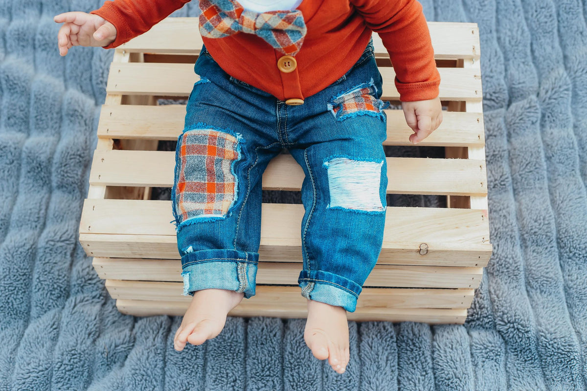 Cuddle Sleep Dream Orange &amp; Cream Plaid Destroyed Denim