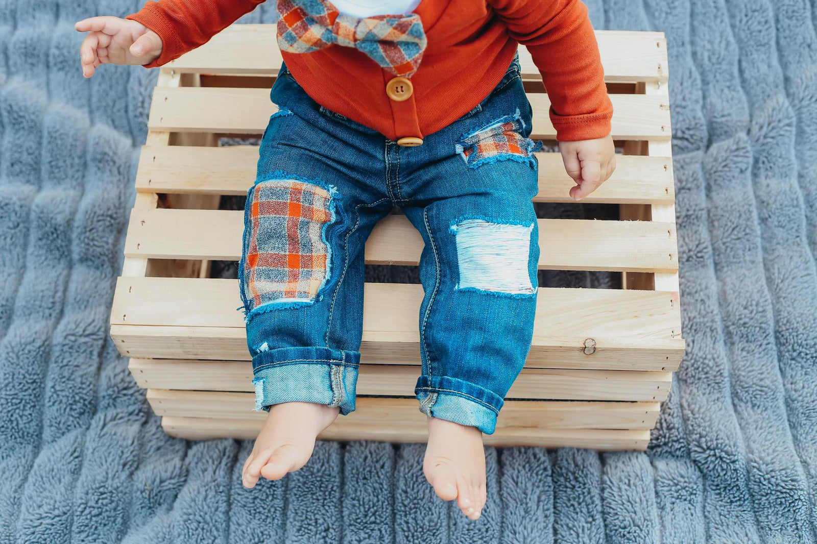 Surprisingly Sisters 6-9m (CP) Orange & Cream Plaid Destroyed Denim