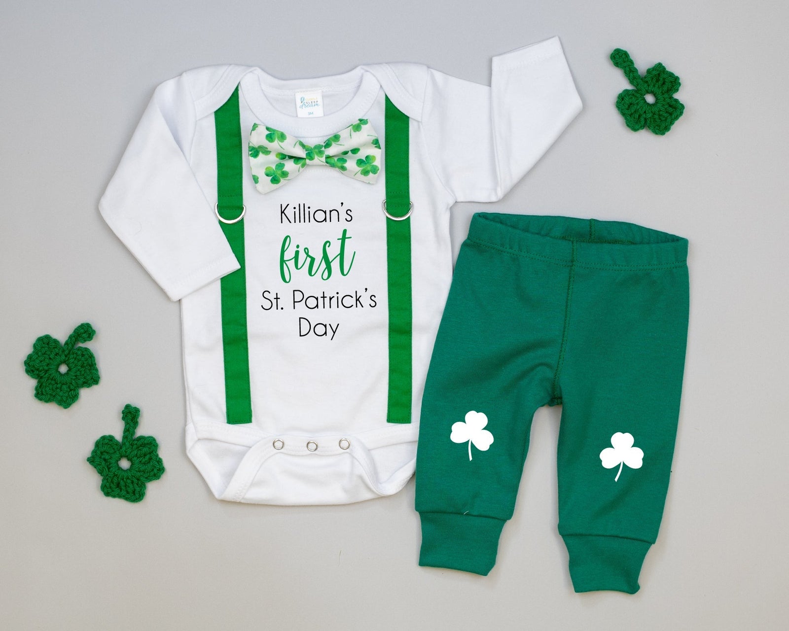 Cuddle Sleep Dream Oh Snap Personalized 1st St. Patrick's Day | Green Suspenders | Shamrocks on White Bowtie
