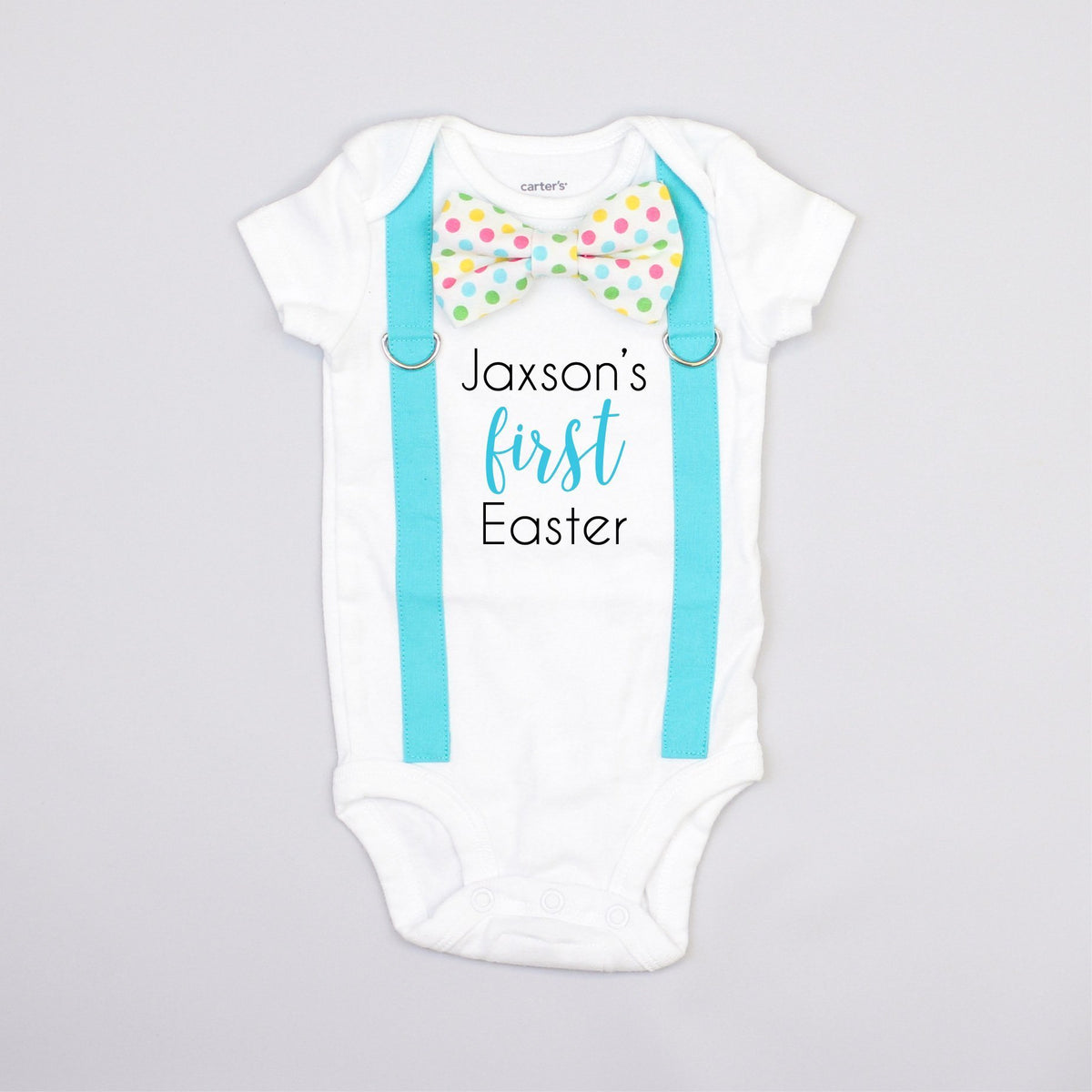 Cuddle Sleep Dream Oh Snap Personalized First Easter | Aqua Suspenders | Easter Dot Bowtie Onesie
