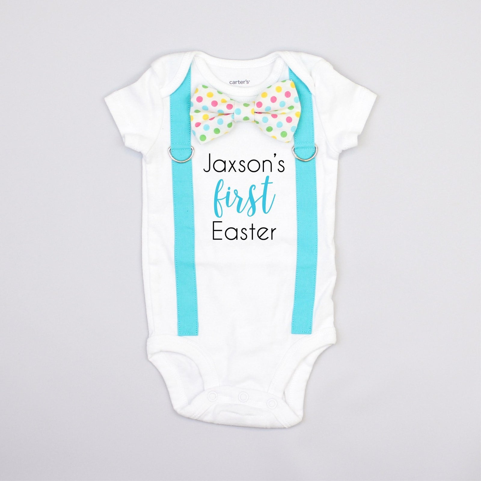 Cuddle Sleep Dream Oh Snap Personalized First Easter | Aqua Suspenders | Easter Dot Bowtie Onesie