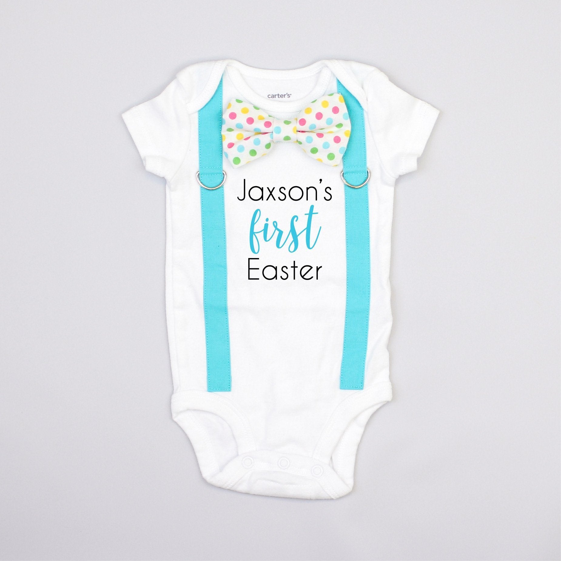 Cuddle Sleep Dream Oh Snap Personalized First Easter | Aqua Suspenders | Easter Dot Bowtie Onesie