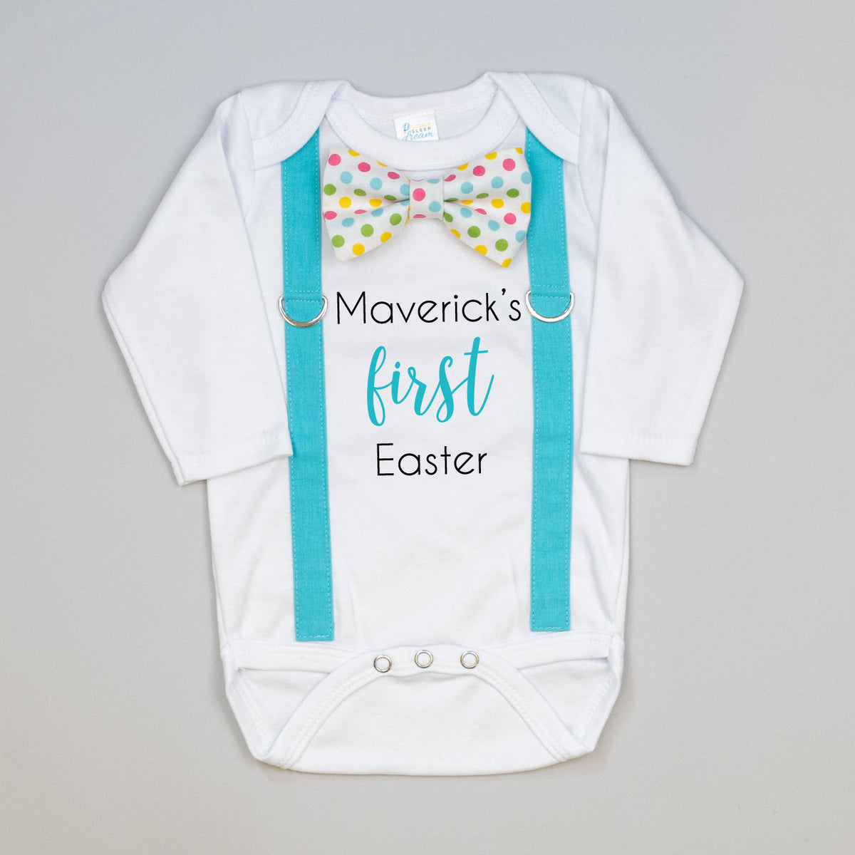 Cuddle Sleep Dream Oh Snap Personalized First Easter | Aqua Suspenders | Easter Dot Bowtie Onesie