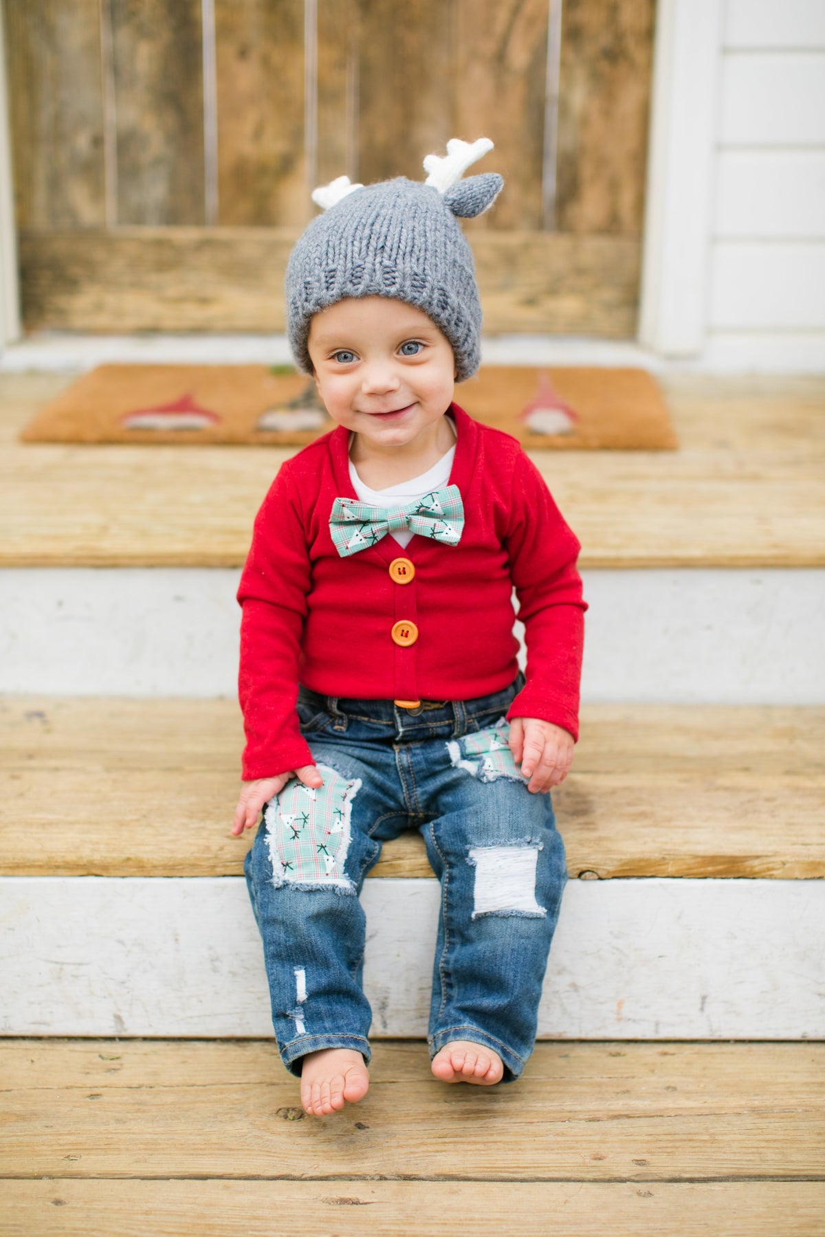 Cuddle Sleep Dream Reindeer Plaid Destroyed Denim