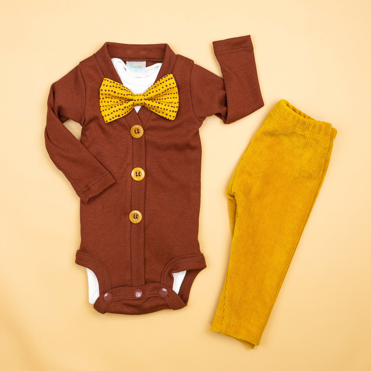 Cuddle Sleep Dream Bowtie Bodysuit Rust Messy Dot on Gold Bowtie Bodysuit