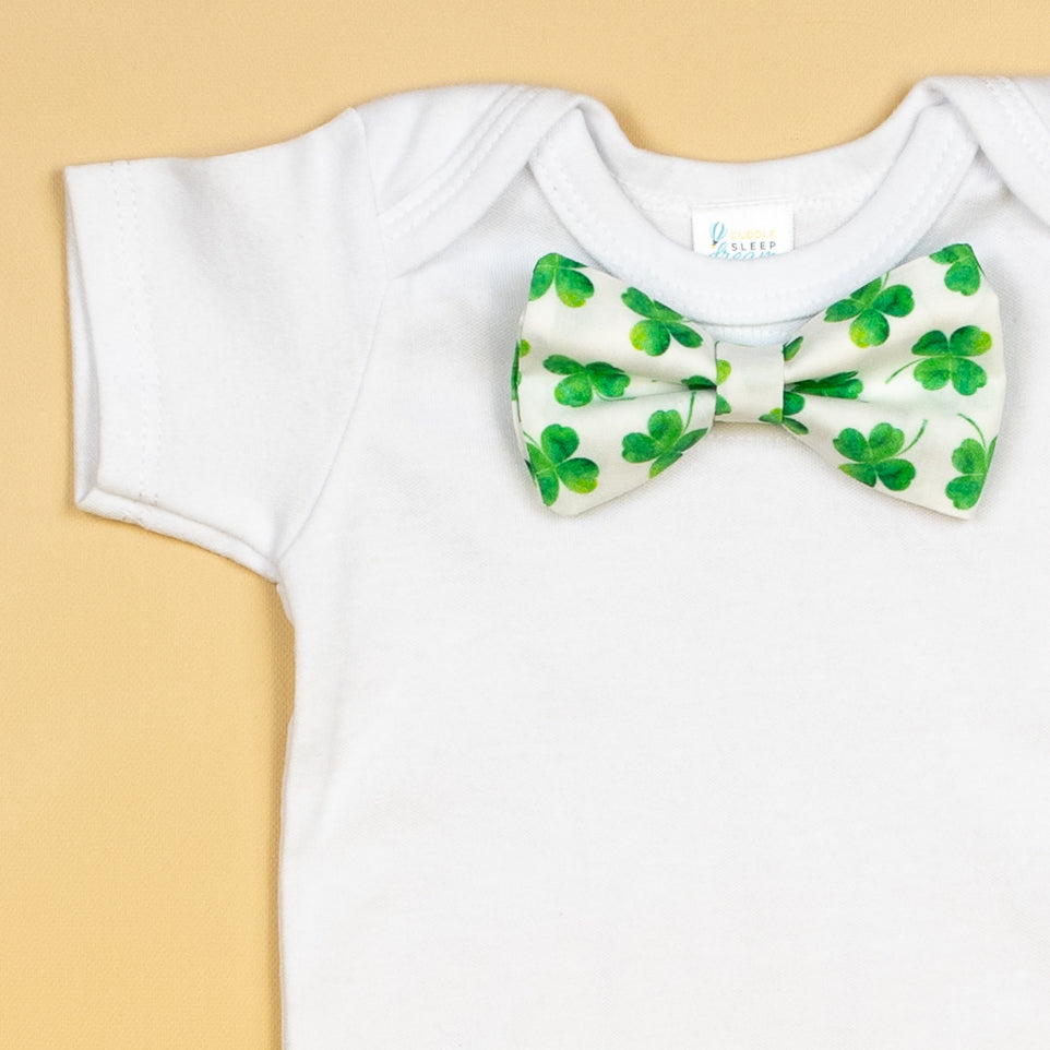 Cuddle Sleep Dream Bowtie Bodysuit Shamrocks on White Bowtie Bodysuit