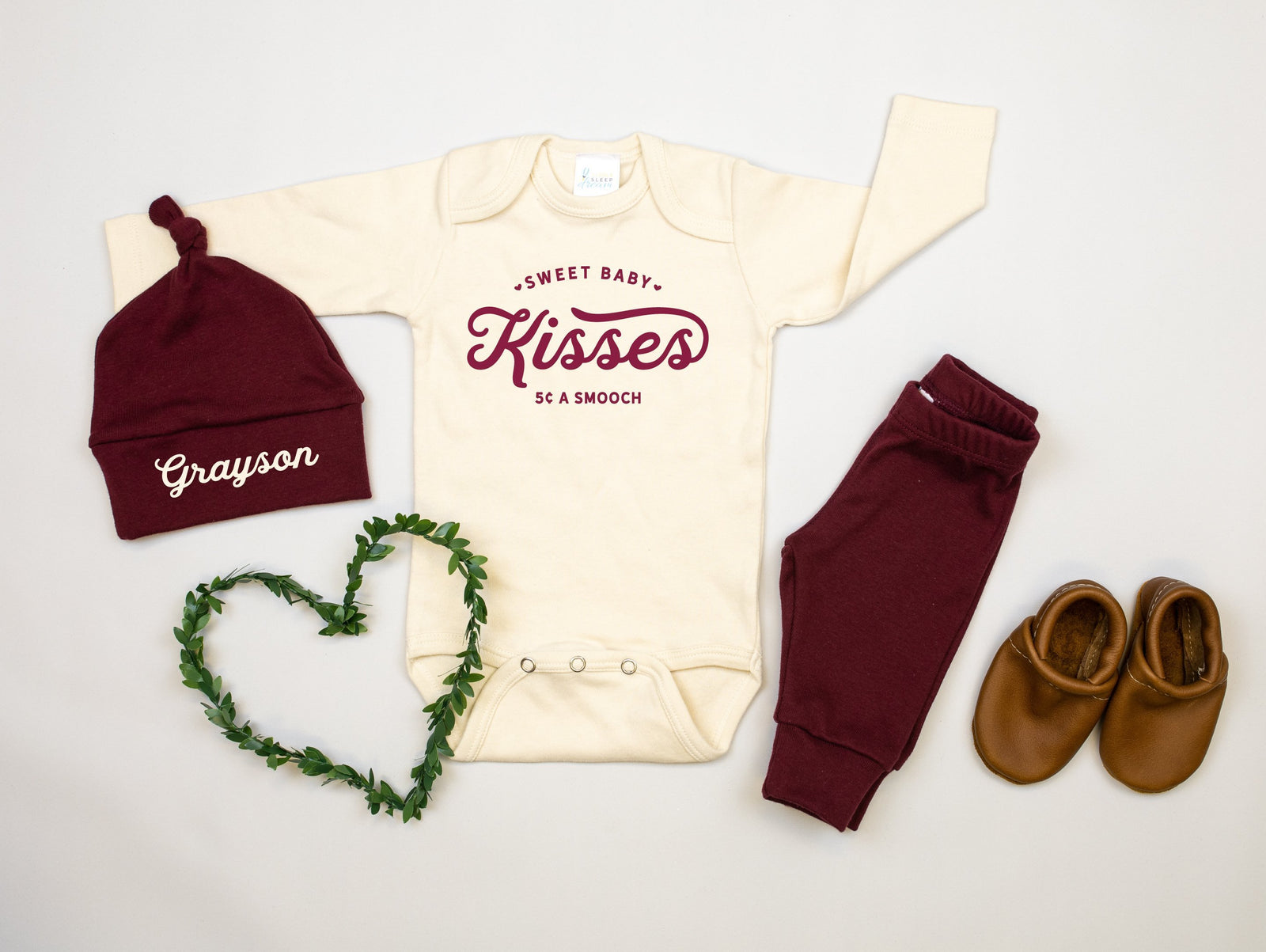 Cuddle Sleep Dream Sweet Baby Kisses | Natural Onesie | Burgundy Writing