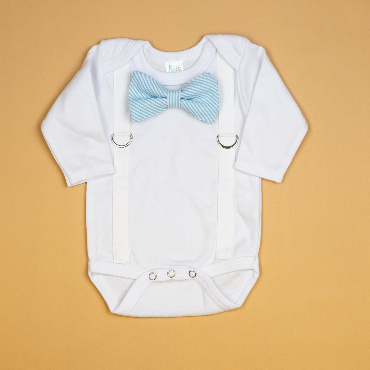 Cuddle Sleep Dream Oh Snap White Suspenders / Blue Seersucker Bowtie Onesie