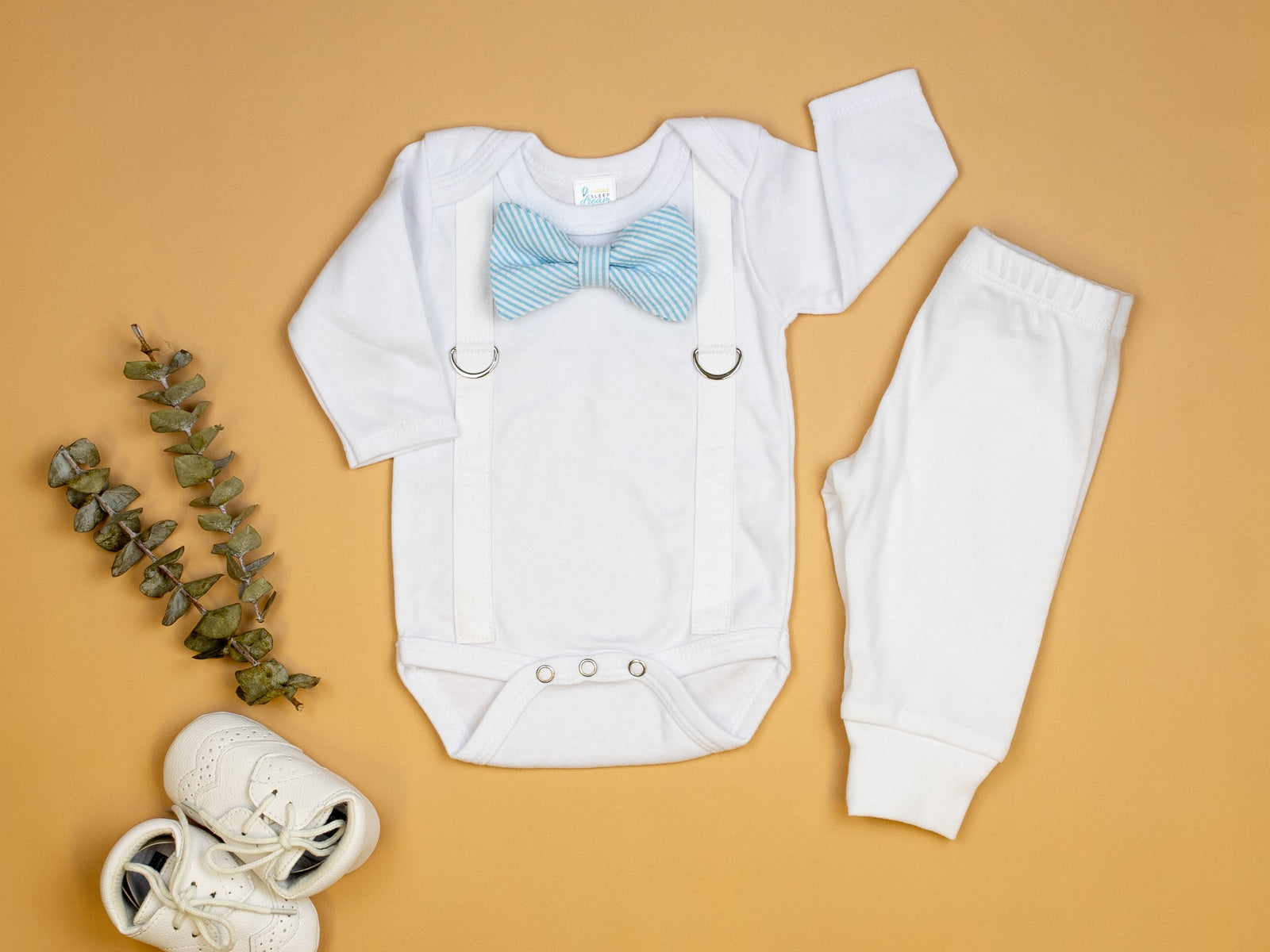Cuddle Sleep Dream Oh Snap White Suspenders / Blue Seersucker Bowtie Onesie