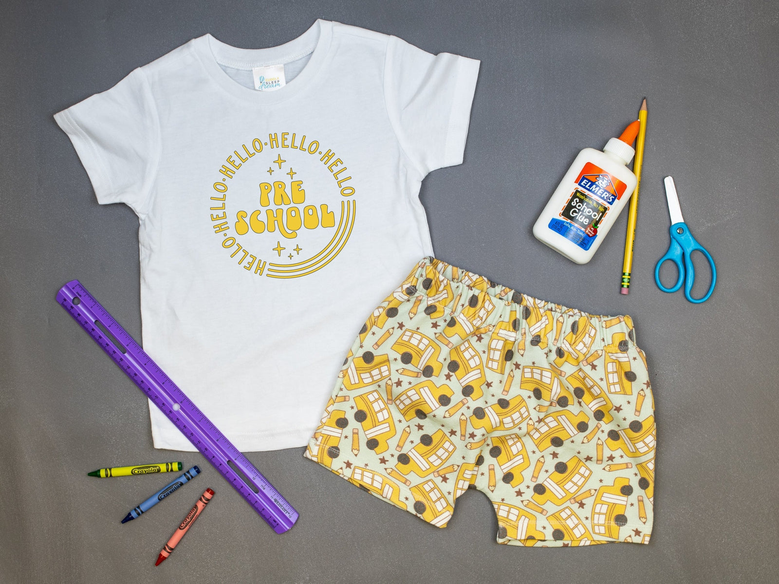 Cuddle Sleep Dream Rolled Hem Shorts School Bus | French Terry Play Shorts