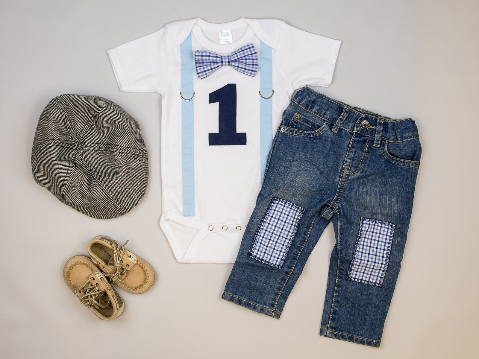 Cuddle Sleep Dream Oh Snap Blue Suspender / Blue Check Bow 1st Birthday Bodysuit