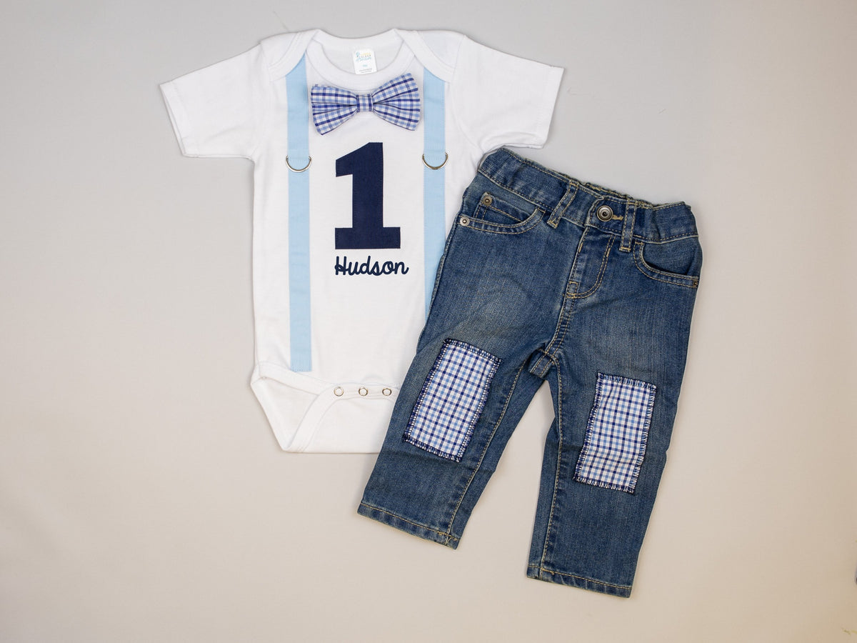 Cuddle Sleep Dream Oh Snap Blue Suspender / Blue Check Bow 1st Birthday Bodysuit