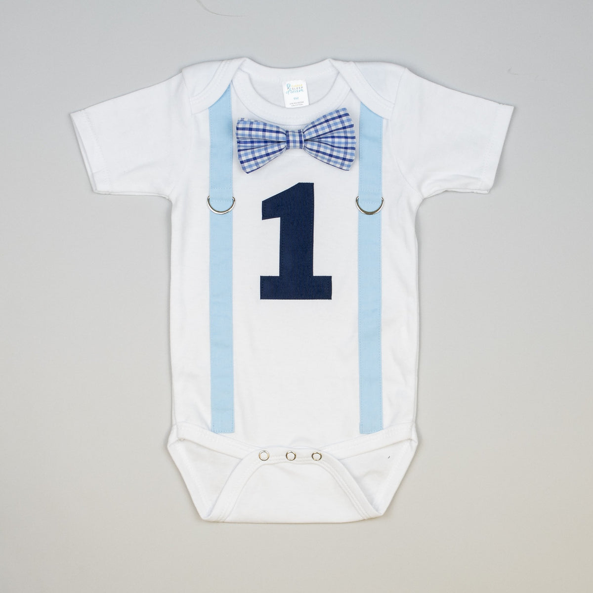 Cuddle Sleep Dream Oh Snap Blue Suspender / Blue Check Bow 1st Birthday Bodysuit