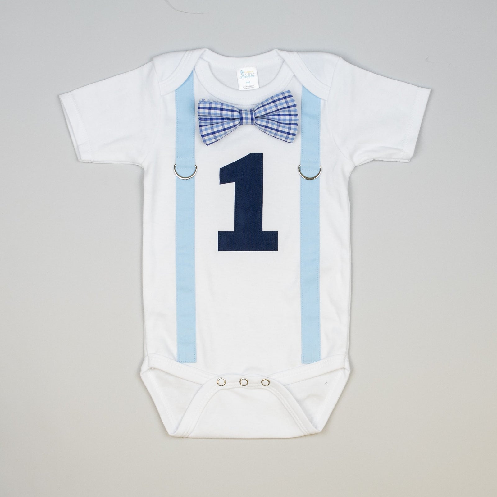 Cuddle Sleep Dream Oh Snap Blue Suspender / Blue Check Bow 1st Birthday Bodysuit