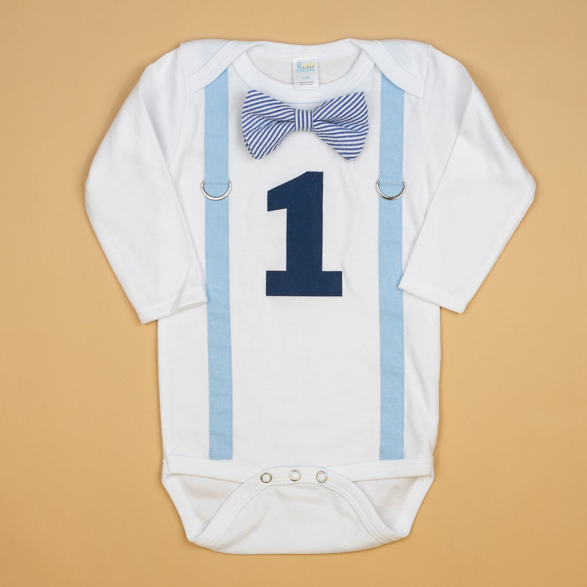 Cuddle Sleep Dream Oh Snap 9m Long Sleeve Bodysuit Blue Suspender / Navy Seersucker Bow 1st Birthday Bodysuit