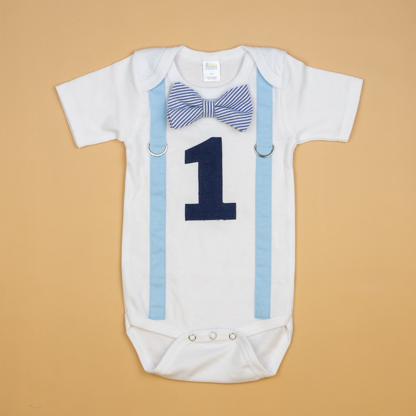 Cuddle Sleep Dream Oh Snap Blue Suspender / Navy Seersucker Bow 1st Birthday Bodysuit