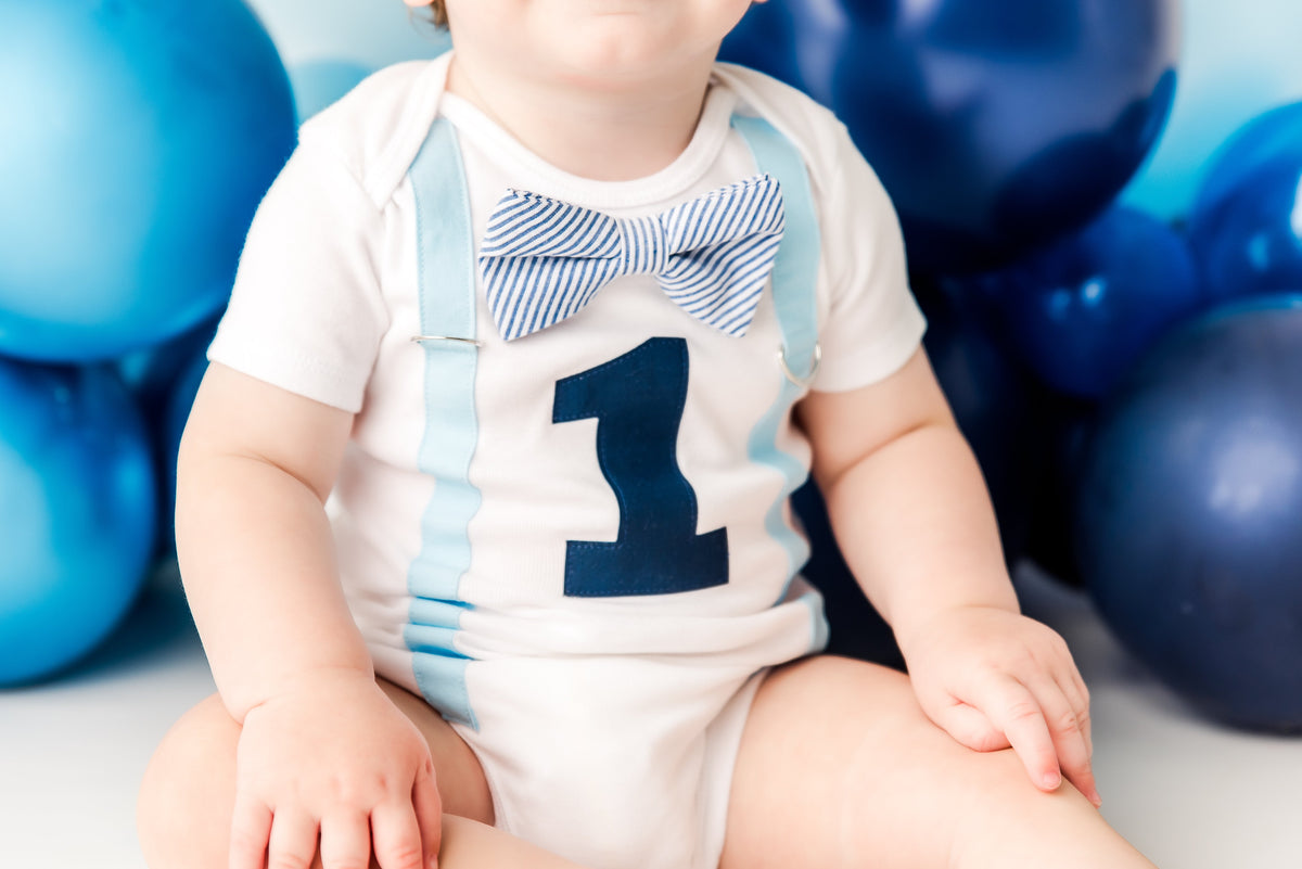 Cuddle Sleep Dream Oh Snap Blue Suspender / Navy Seersucker Bow 1st Birthday Bodysuit