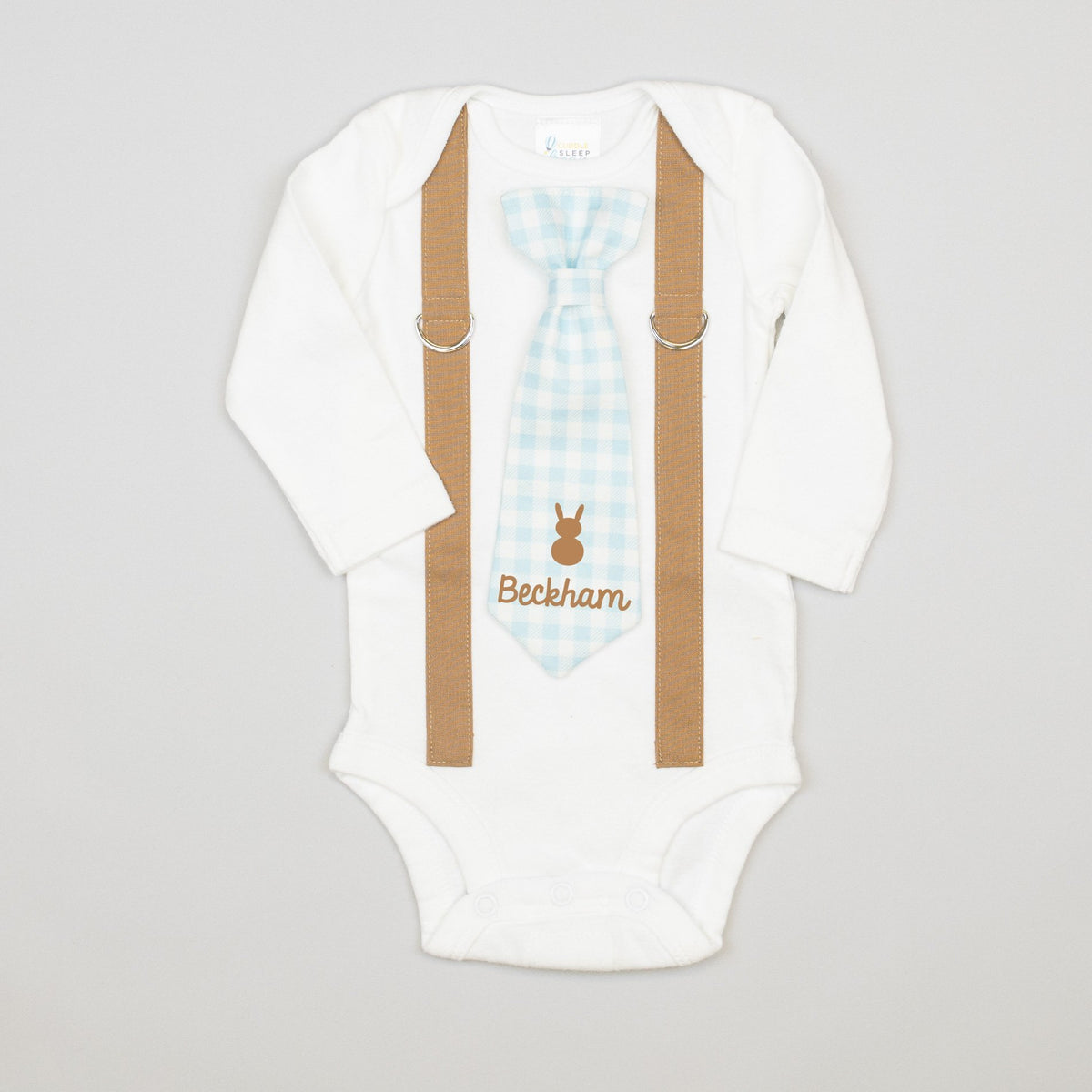 Cuddle Sleep Dream Mocha Suspenders | Personalized Light Blue Gingham Necktie